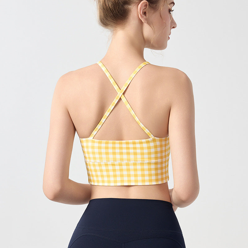 Womens Polka-Dot Plaid Printed Halterneck Tank Top With Cross-Over Design