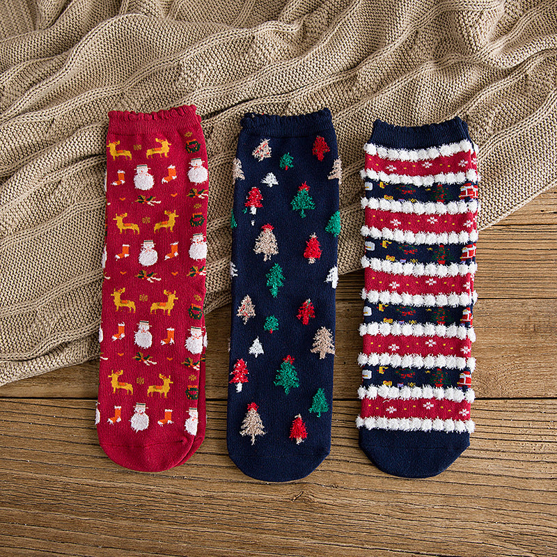 Christmas Socks New Autumn And Winter Mid-calf Christmas Cartoon Elements Women's Socks Pack Of Three Pairs Casual Cotton Socks