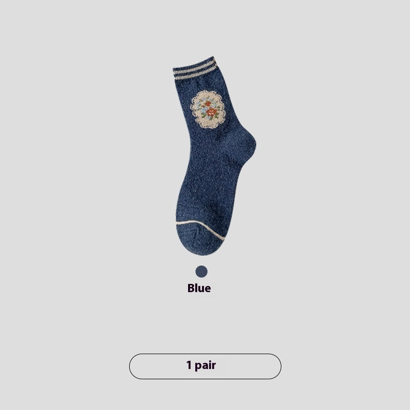 Vintage Small Flower Wool Socks Fleece Lined Padded Warm Keeping Tube Socks