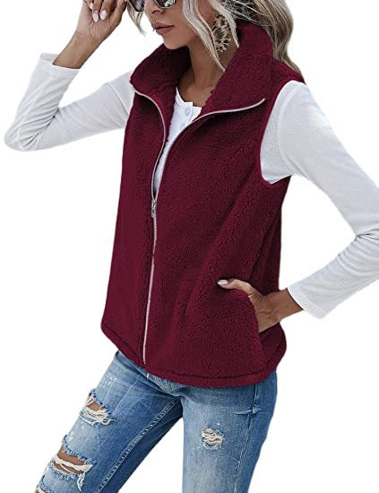 Plush Stand Collar Sleeveless Zipper Lightweight Vest
