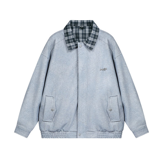 Stitching Plaid Lapel Leather Coat Men