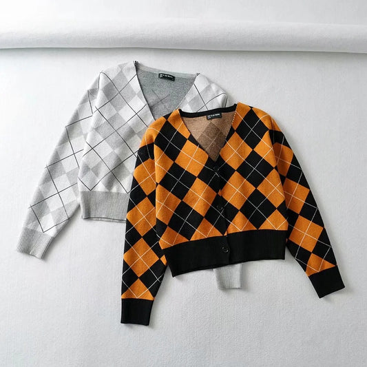 New Long Sleeve V-Neck Cropped Single Breasted Knit Cardigan