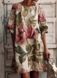 Printed Colorful Womens Crew-Neck Dress