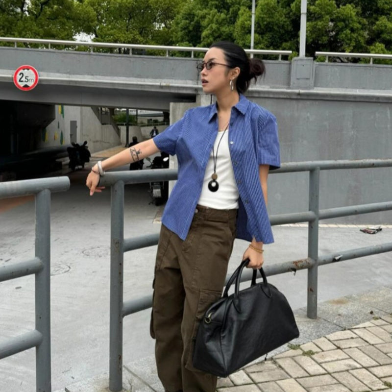 Blue Short Sleeve Plaid Shirt Female Summer Retro Loose Casual