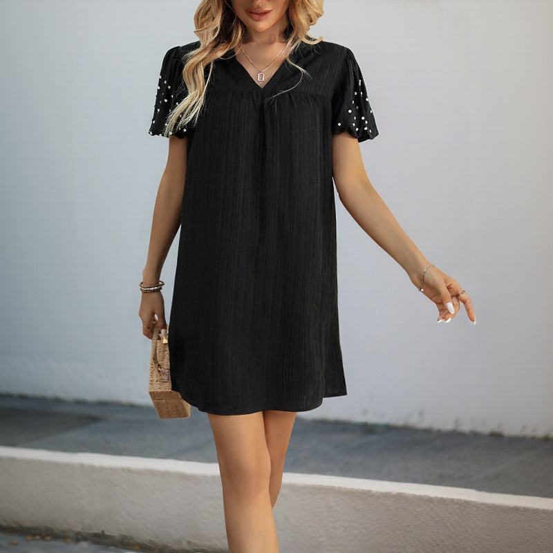 Beaded Tube Skirt Lantern-sleeve Short-sleeve Black Dress