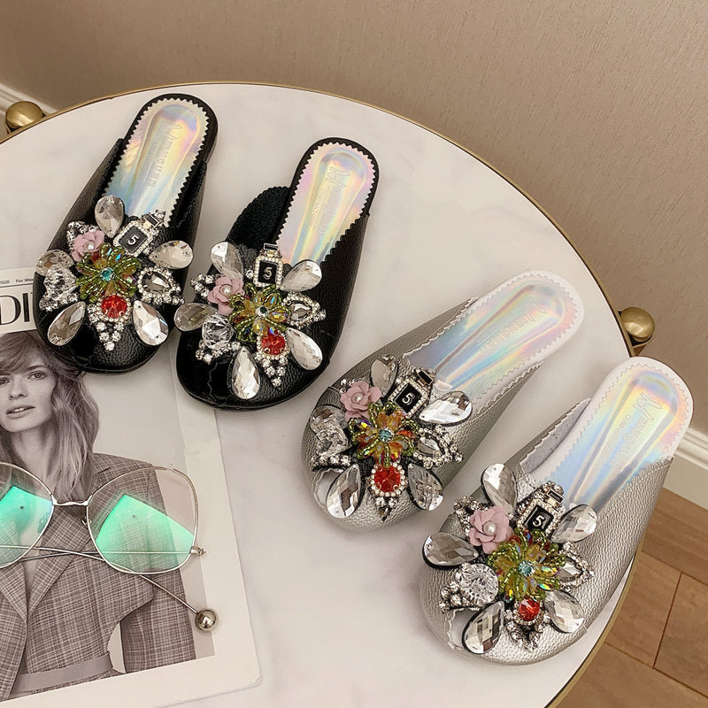 Fashion Women's Pearl Rhinestone Toe Half Slippers