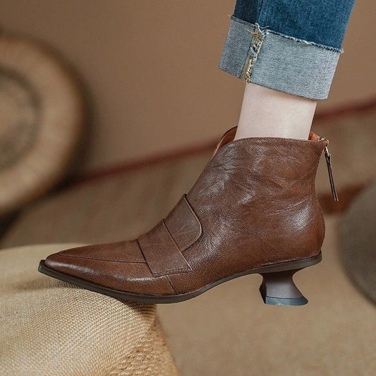Womens French-style Vintage Pointed-toe Mid-heel Ankle Boots