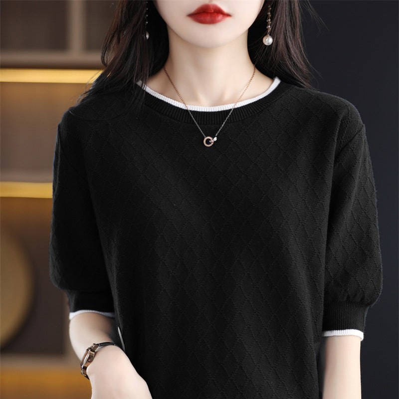 100 Cotton Knitted Short-sleeved Women's Loose Slimming Pullover Thin Bottoming T-shirt