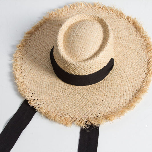 Raffia Grass Flat Top Raw Edge Binding Neck Sun Visor Hat Hand Braided Grass Hat