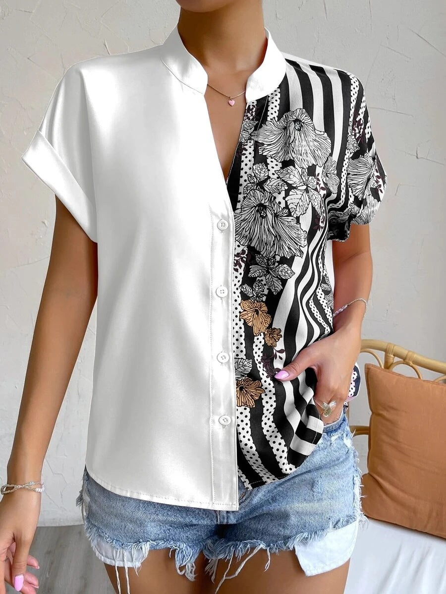 Double Contrast Color Floral Button Cardigan Short Sleeve Shirt