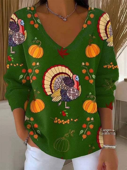 Drop Shoulder V-neck Long Sleeve Pullover 3D Digital Printing Women's Top T-shirt