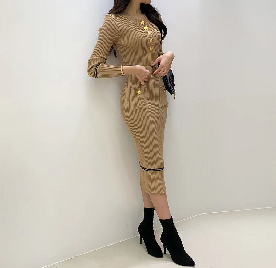 French-style Elegant Figure-flattering Crew-neck Dress
