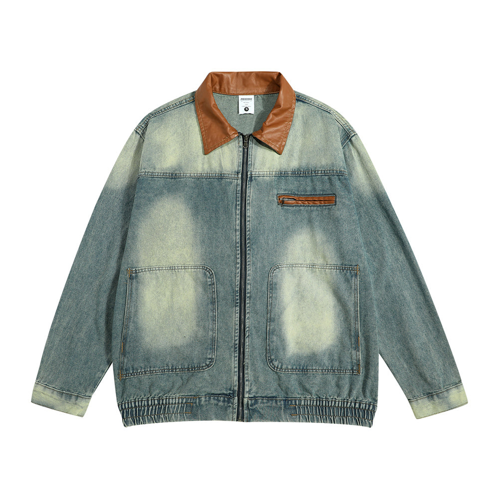Men's Spring And Autumn Color Matching PU Leather Lapel Zipper Jacket