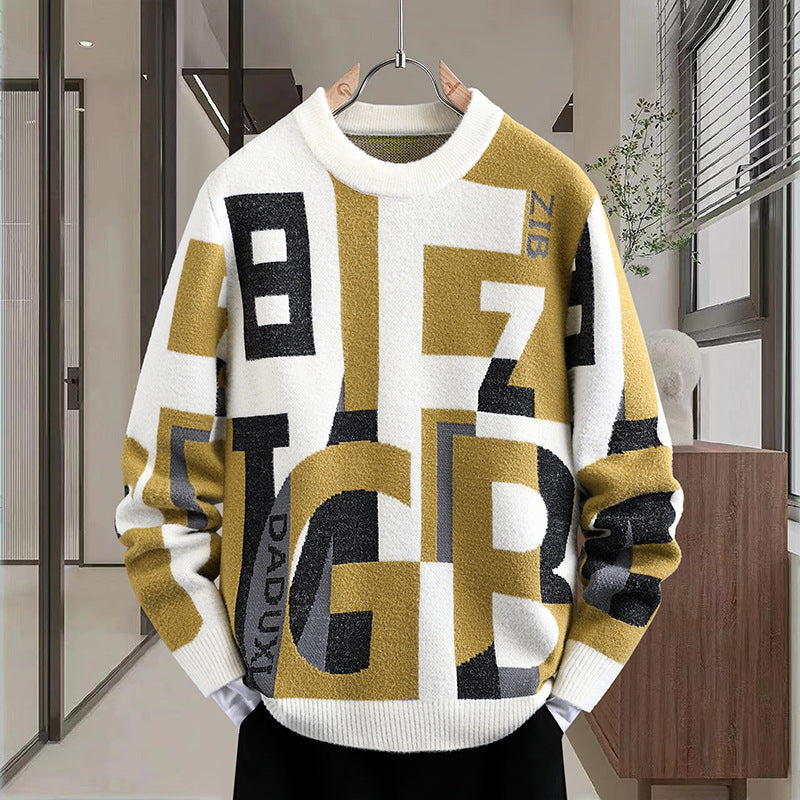 Mænds Brev Jacquard Rund Hals Løs Casual Sweater