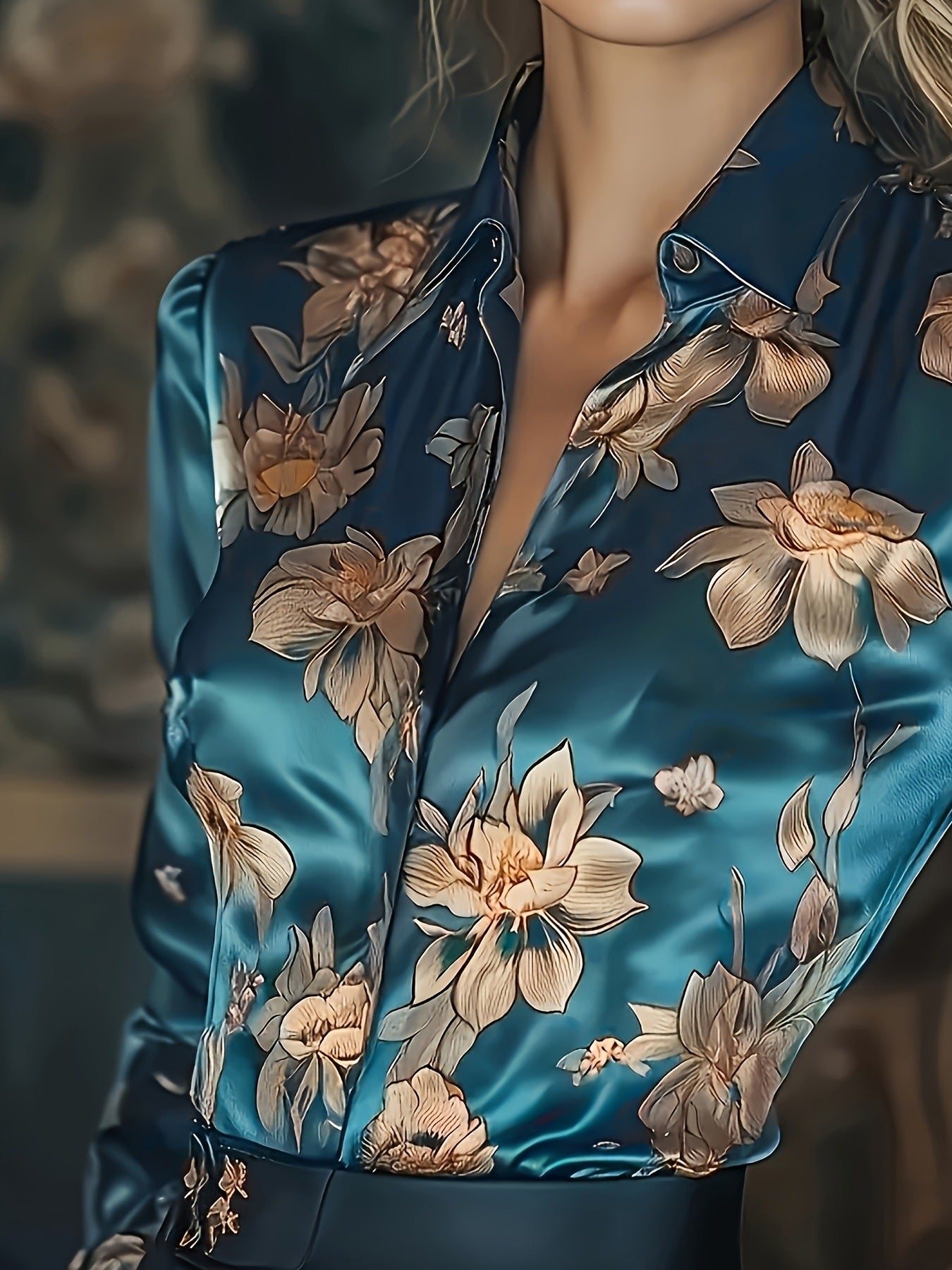 Womens Retro Printed Satin Long-Sleeve Shirt