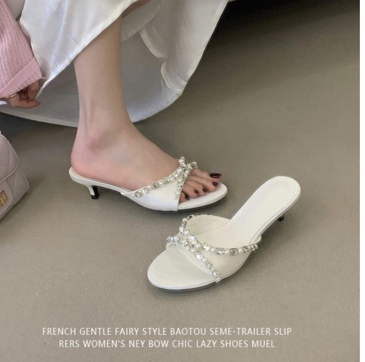 Women's Elegant Low Heel Sandals With Rhinestone & Pearl Bow, Round Toe, Simple Satin, Perfect For Dresses