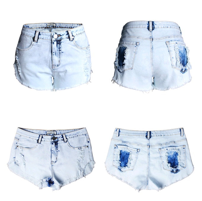 Ripped jeans til kvinder, høj talje, lyse farver, hvidt slidt vasket ulddenimshorts