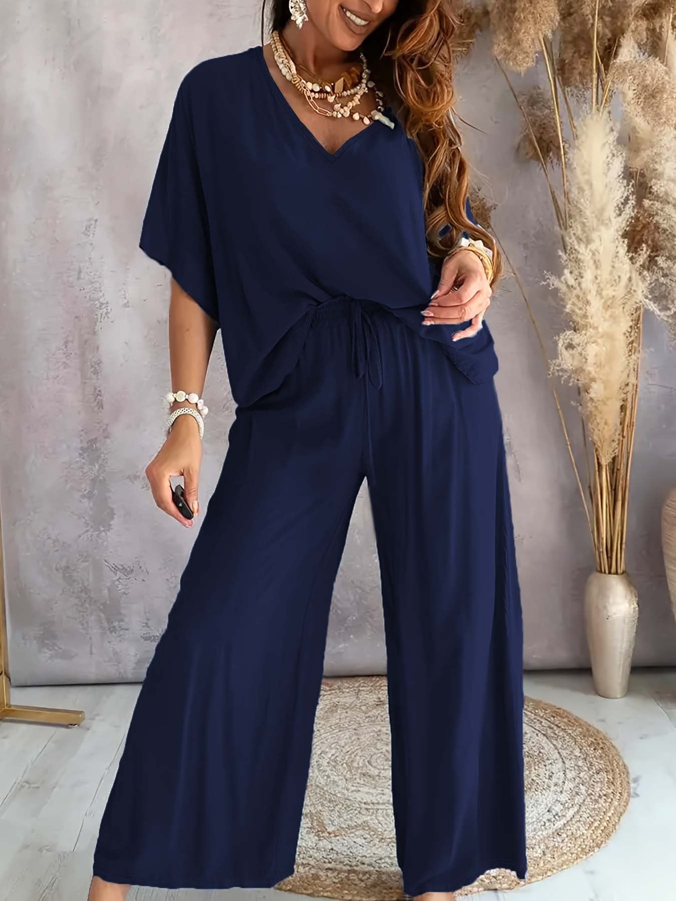 V-neck Batwing-sleeve Top And Loose Wide-leg Pants Solid-color Casual Womens Set