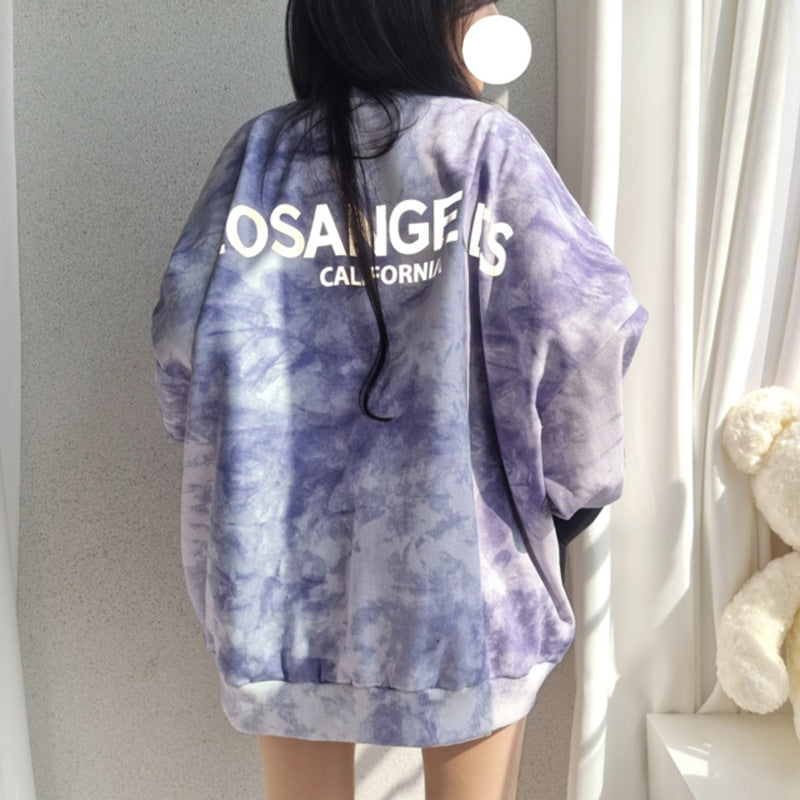 Tie-dye Sweater Dame Bomuld Løs Koreansk Top All-match Bogstaver Forår Og Efterår