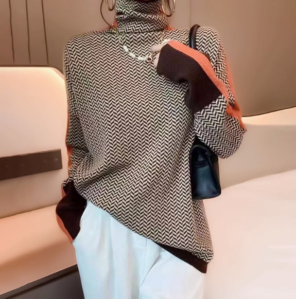 Plisseret Jacquard Turtleneck Sweater Languid Basis Striktrøje Til Kvinder
