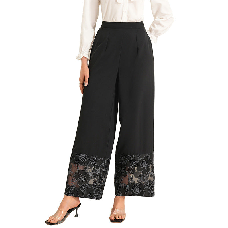 Solid-color Sheer Lace-panel Straight-leg Pants For Women