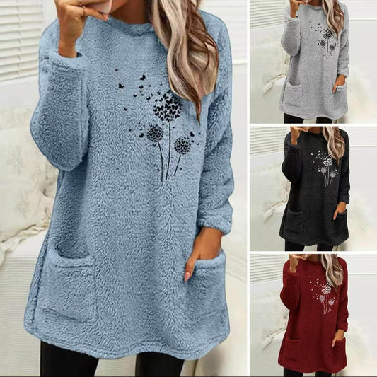 Sweater med planterprint i dobbeltsidet fløjl, med rund hals og lomme
