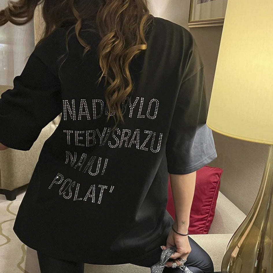Rhinestone Letters White Short-sleeve Top Loose Ins Design Sense Niche European And American T-shirt