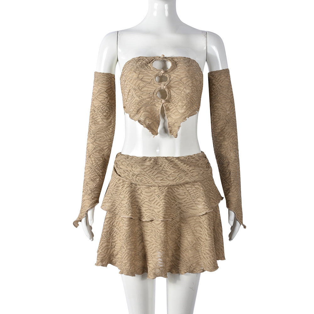 Sexy Hollowed-Out Off-Shoulder Top And Slim-Fit Short Skirt Set For Women