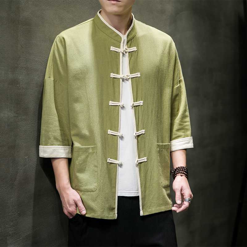 Chinese Style Summer Thin Cotton Linen Short Sleeve Shirt Chinese Button Knots Tang Suit