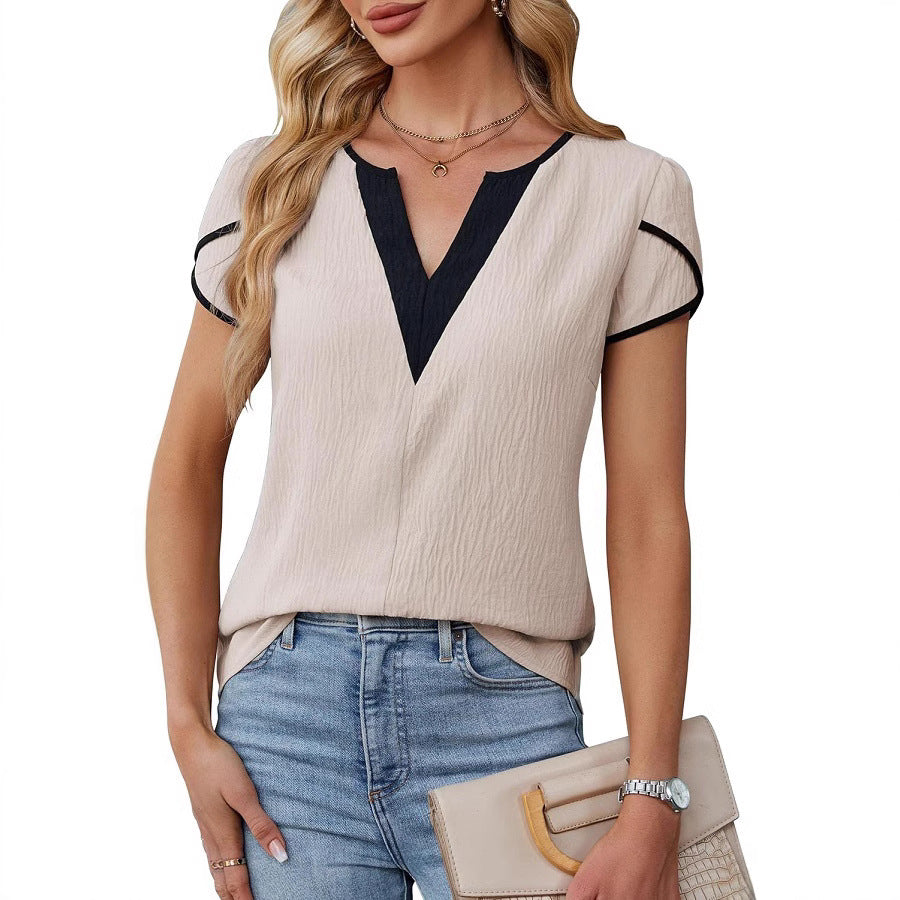 Fashionable Color-Block V-Neck Petal-Shape Short-Sleeve Blouse For Women