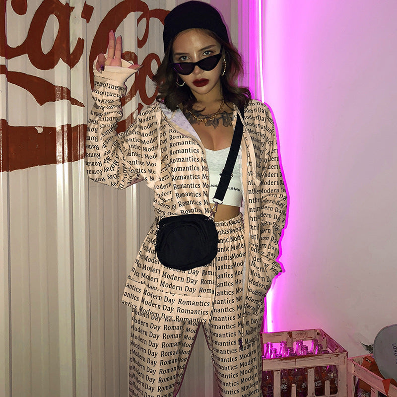 Letter printed hooded jacket casual pants