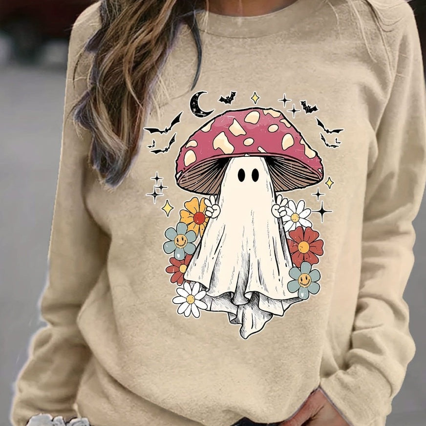 Halloween Svampe Spøgelsesprint Sweatshirt, Casual Langærmet Rund Hals