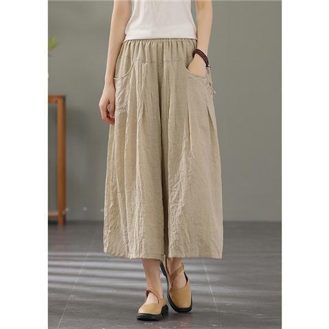 Retro Buckle Casual Thin Cotton And Linen Cropped Wide-leg Pants For Women