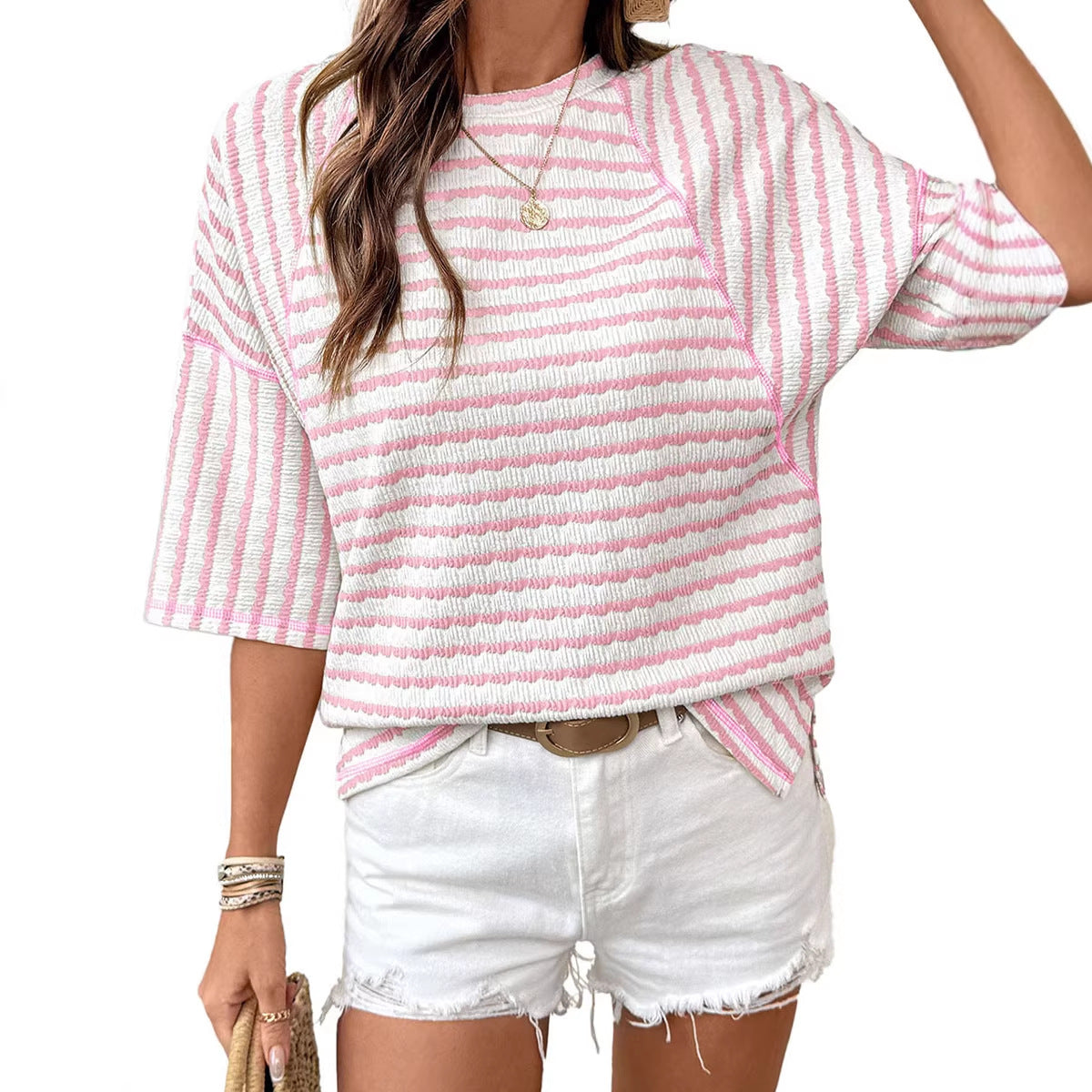 Womens Crew-Neck Pullover T-Shirt Simple, Versatile Striped Half-Sleeve Tee In European And American Style