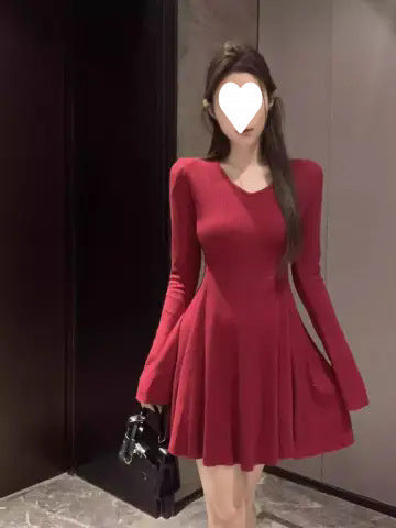 Womens Solid-Color Versatile Fashionable Slimming Long-Sleeve Dress