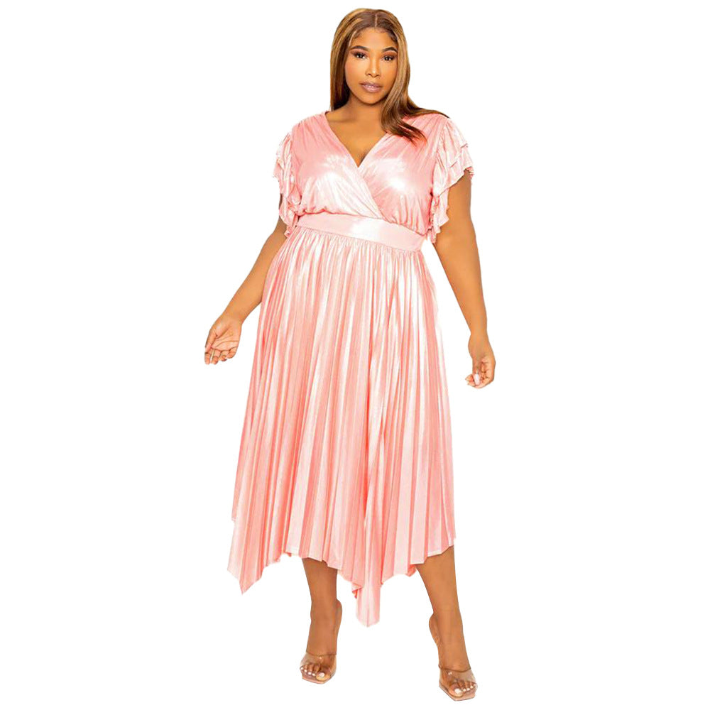 Plus-size Dress With A V-neck Ruffled Sleeves And Pleated Detailing