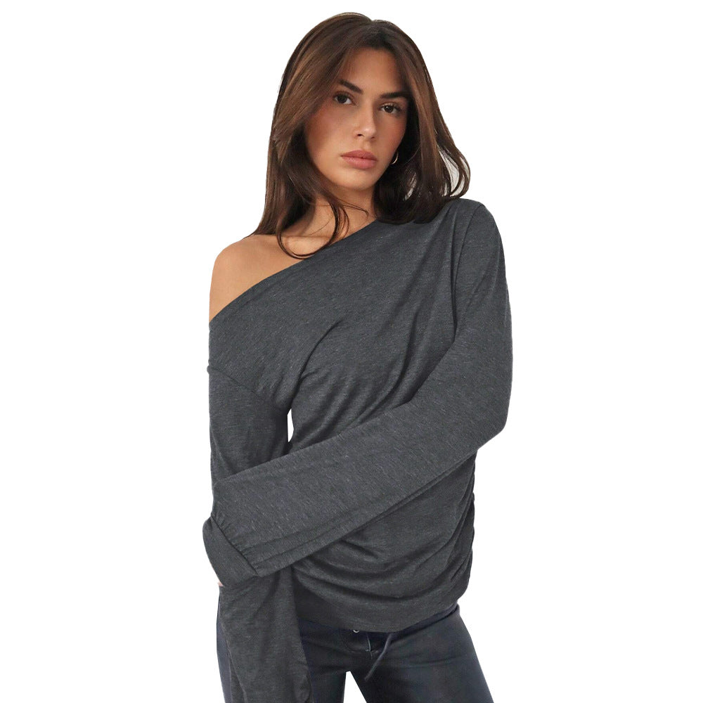 Women's Casual Fashion Trend T-Shirt AutumnWinter Stylish Versatile Loose Slim-Fit Diagonal Collar Top