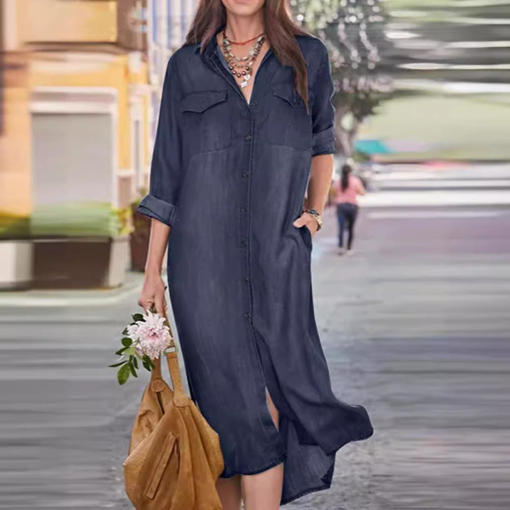 Womens Denim Casual Dress With Shirt Collar