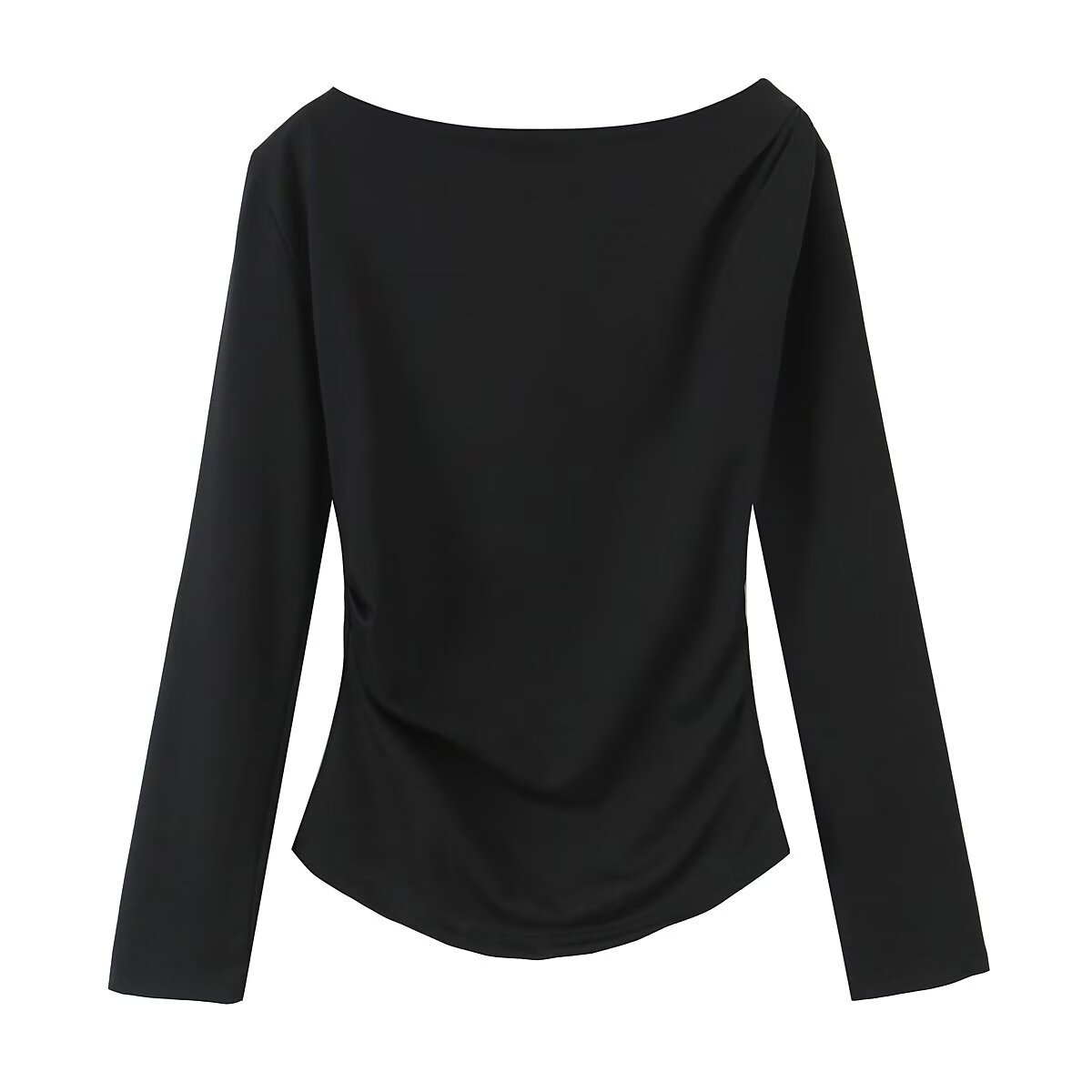 Spring New Simple And Versatile Long-sleeve Asymmetrical Elastic Top For Women With Pleats