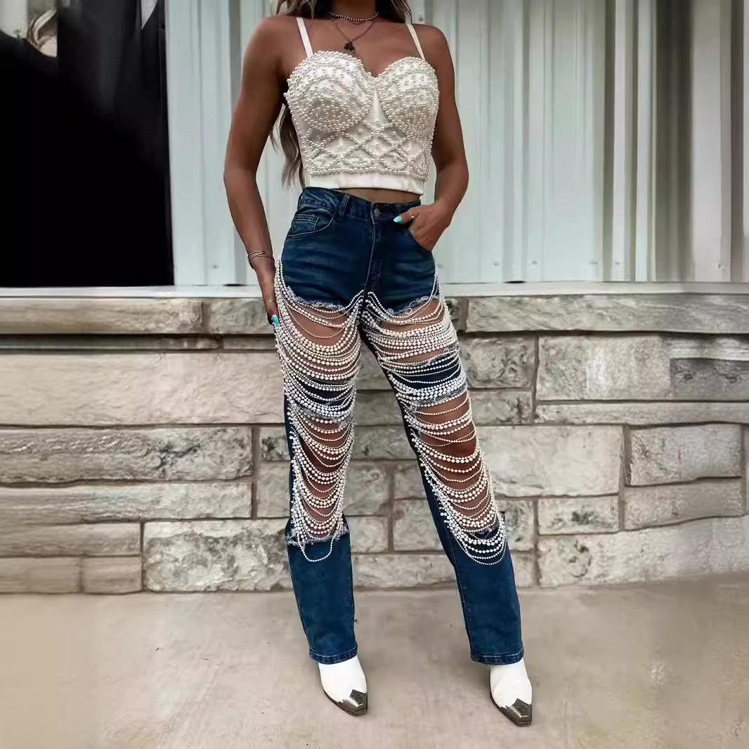 Kvinders kreative afslappede perlekædejeans