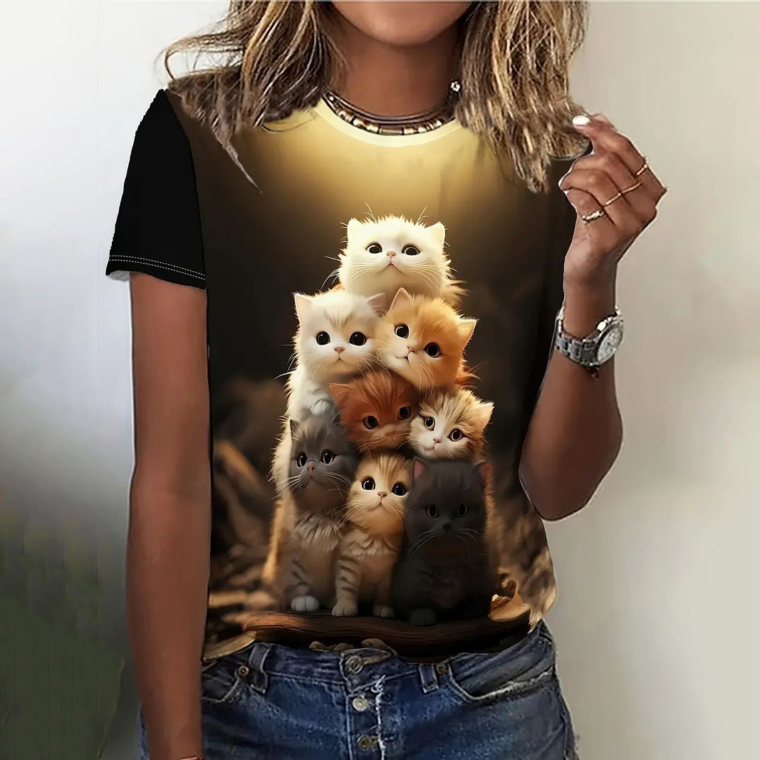Digital-print Casual Short-sleeve Streetwear Womens Loose-fitting T-shirt