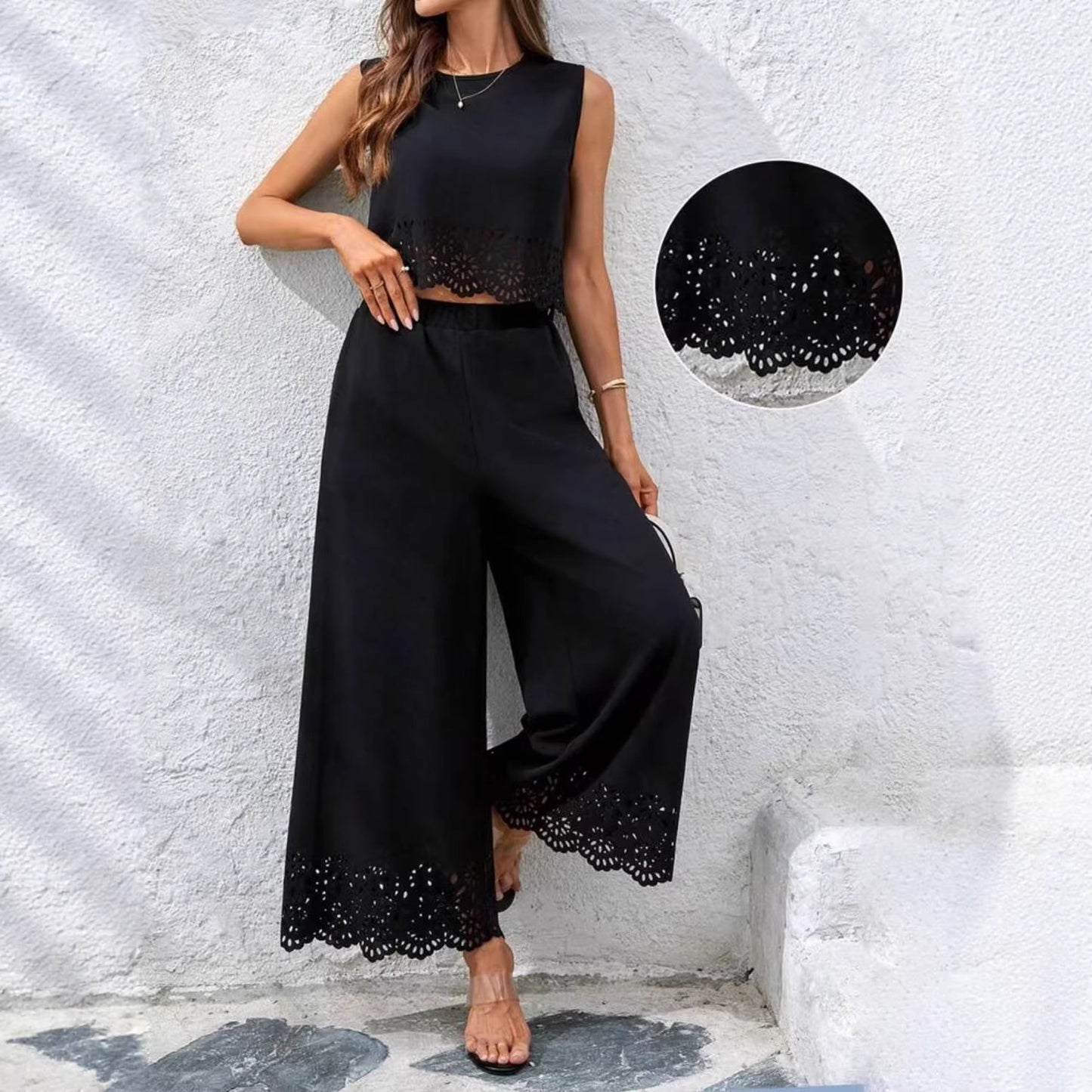 Fashionable Resort-Style Casual Hollow-Out Tank Top And Pants Two-Piece Set