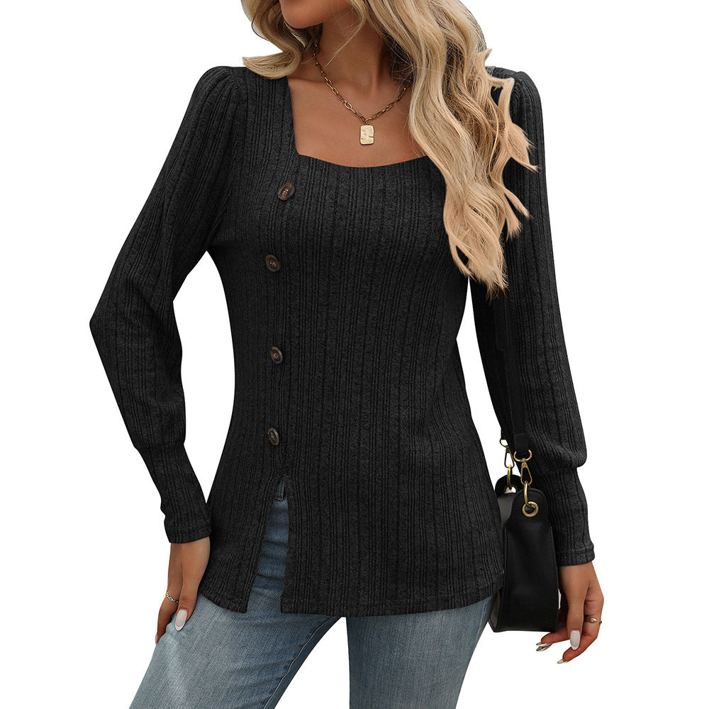 New Square Collar Sunken Stripe Brushed Solid Color Top Long Sleeve