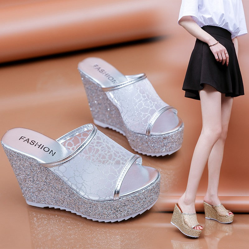 Women's Slope Heel Fishmouth Mesh Slippers
