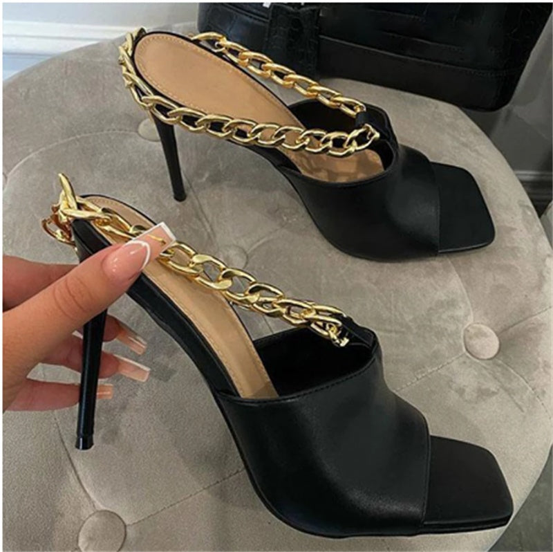 Metal Chain Square Toe High-heeled Stiletto Heel