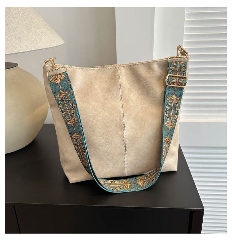 Skuldertaske til damer med bred skulderrem i etnisk stil, Ins stor kapacitet, spandformet skuldertaske, modetaske