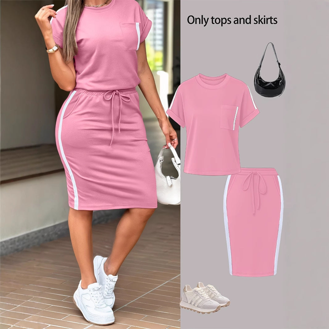 Womens Stylish Minimalist Off-shoulder T-shirt Paired With A Casual Form-fitting Skirt Set