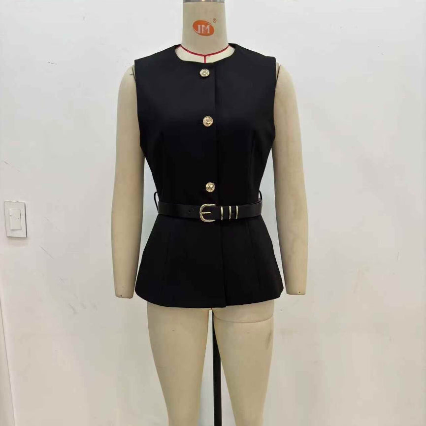 Women's Belt Simple Sleeveless Round Neck Vest Jacket