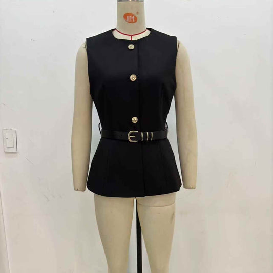 Women's Belt Simple Sleeveless Round Neck Vest Jacket