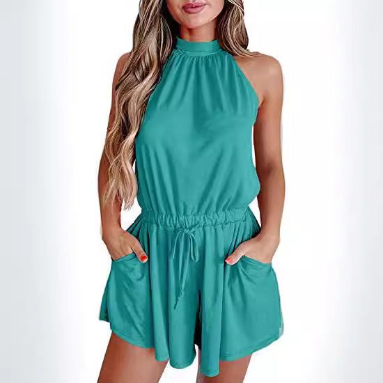 Women's Waist-controlled Lace-up Halter Loose Printed Jumpsuit